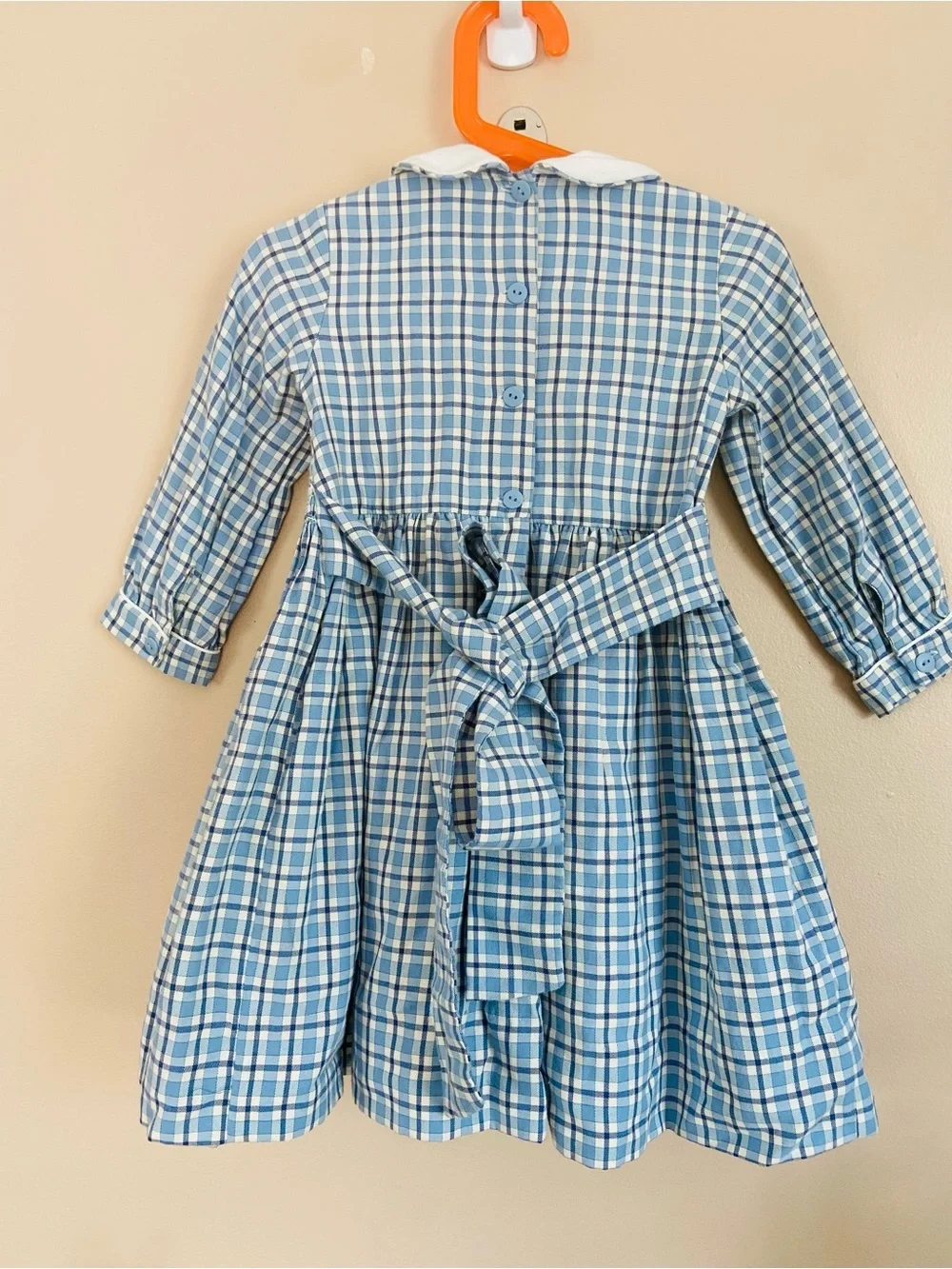 Anavini Vintage Style Smocked Plaid Dress Blue White Peter Pan Collar Size 3